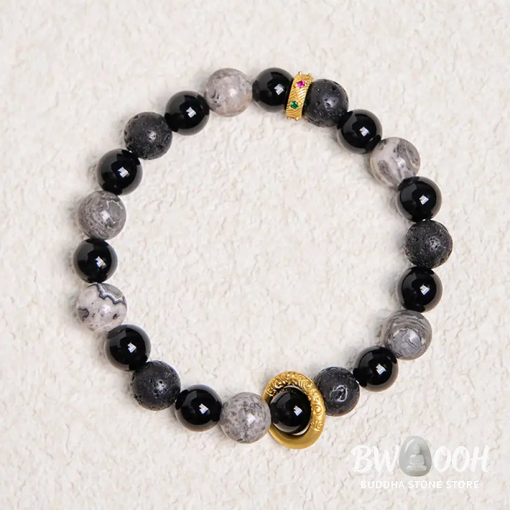 Buddha Stones Lava Rock Black Onyx Picasso Jasper Healing Bracelet - BWOOOH - 14-16cm - Bracelet