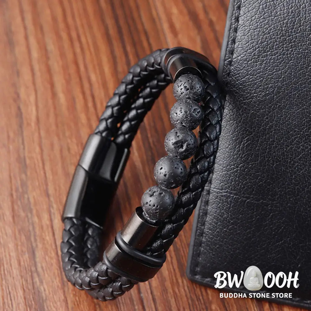 Buddha Stones Lava Rock Frosted Stone Healing Leather Magnetic Buckle Bracelet - BWOOOH - Bracelet