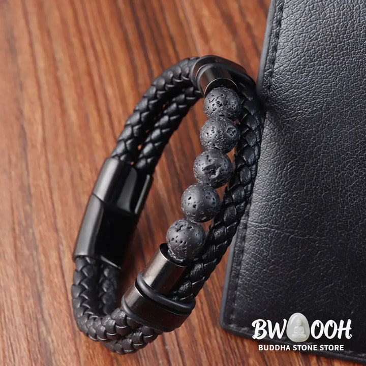 Buddha Stones Lava Rock Frosted Stone Healing Leather Magnetic Buckle Bracelet - BWOOOH - Bracelet