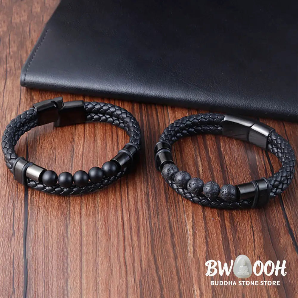 Buddha Stones Lava Rock Frosted Stone Healing Leather Magnetic Buckle Bracelet - BWOOOH - Bracelet