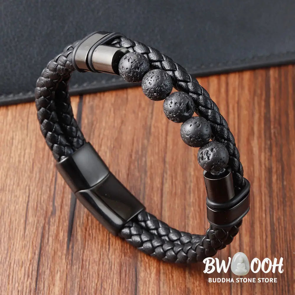 Buddha Stones Lava Rock Frosted Stone Healing Leather Magnetic Buckle Bracelet - BWOOOH - Bracelet