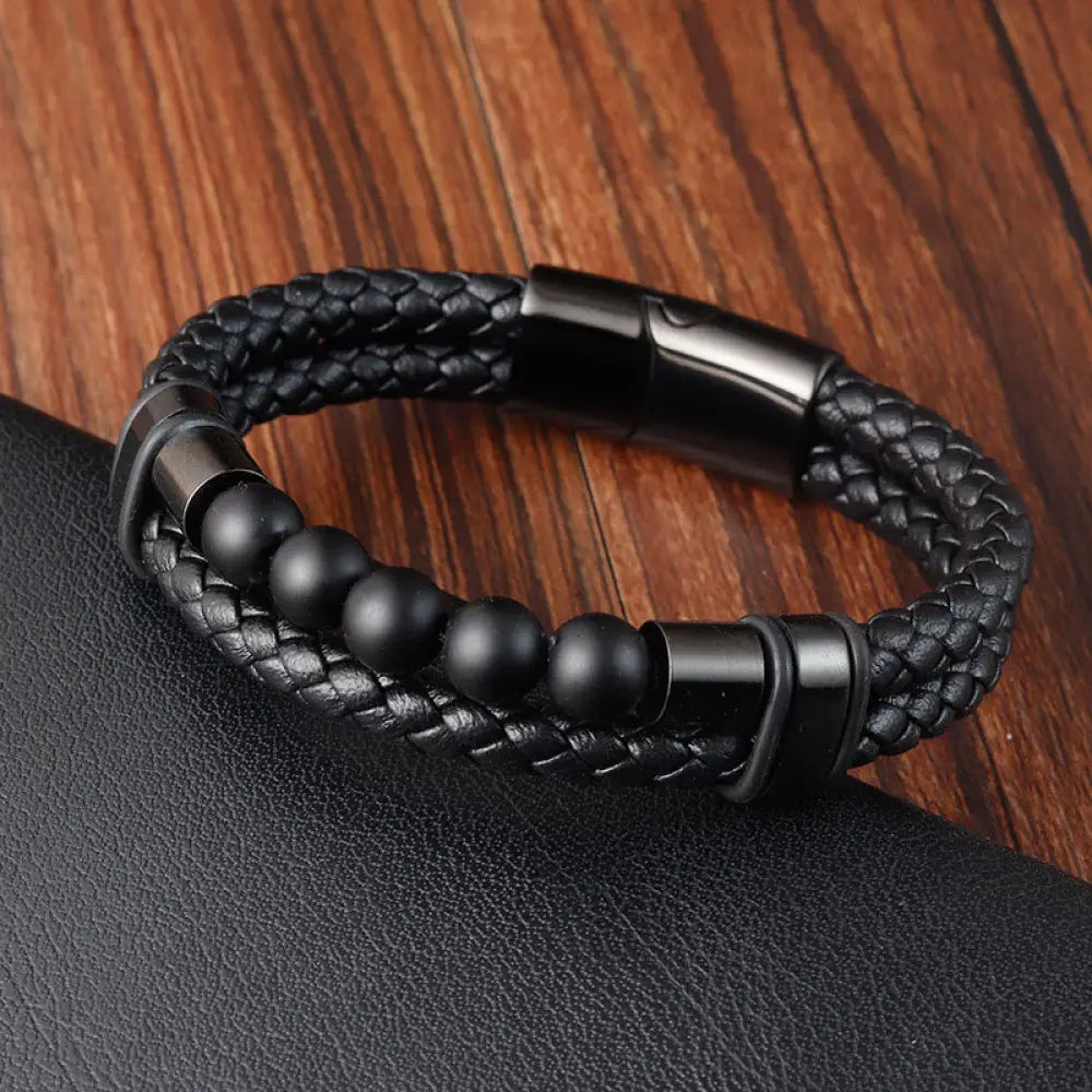 Buddha Stones Lava Rock Frosted Stone Healing Leather Magnetic Buckle Bracelet - BWOOOH - Frosted Stone(Wrist