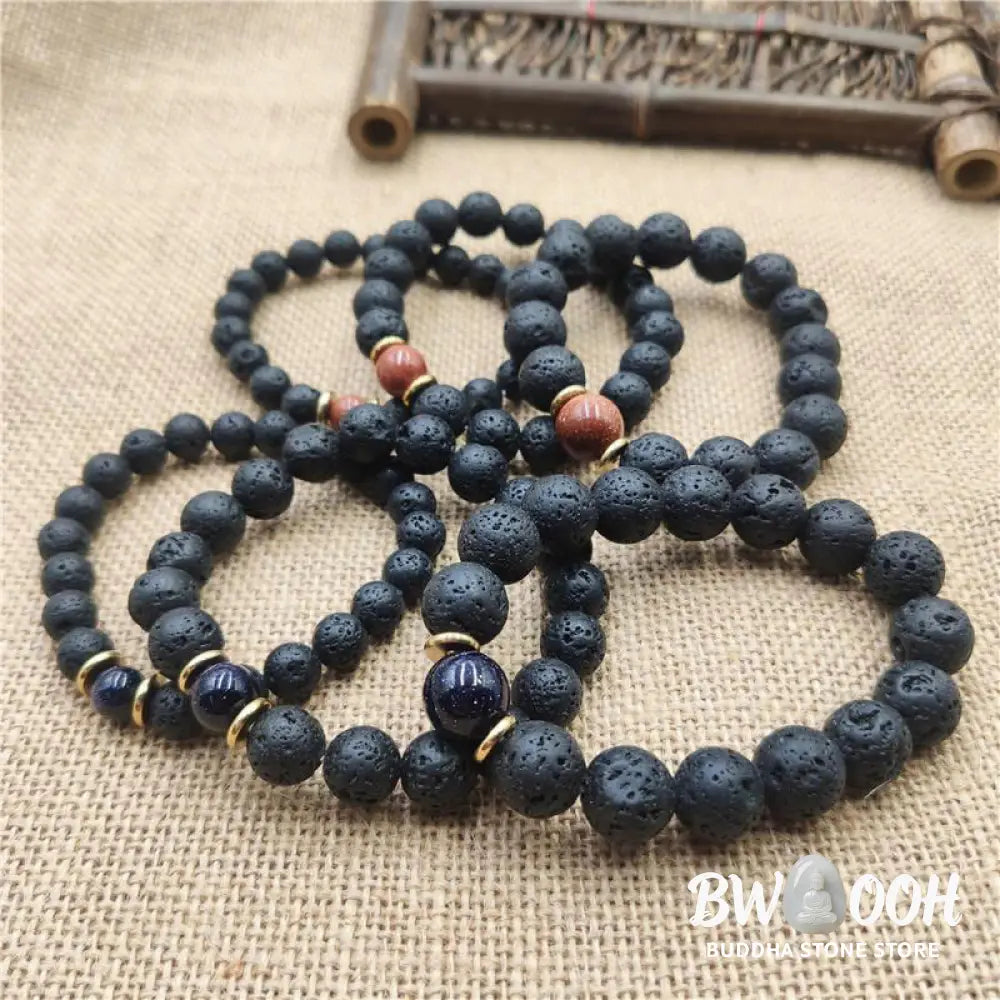 Buddha Stones Lava Rock Goldstone Blue Sandstone Healing Bracelet - BWOOOH - Bracelet