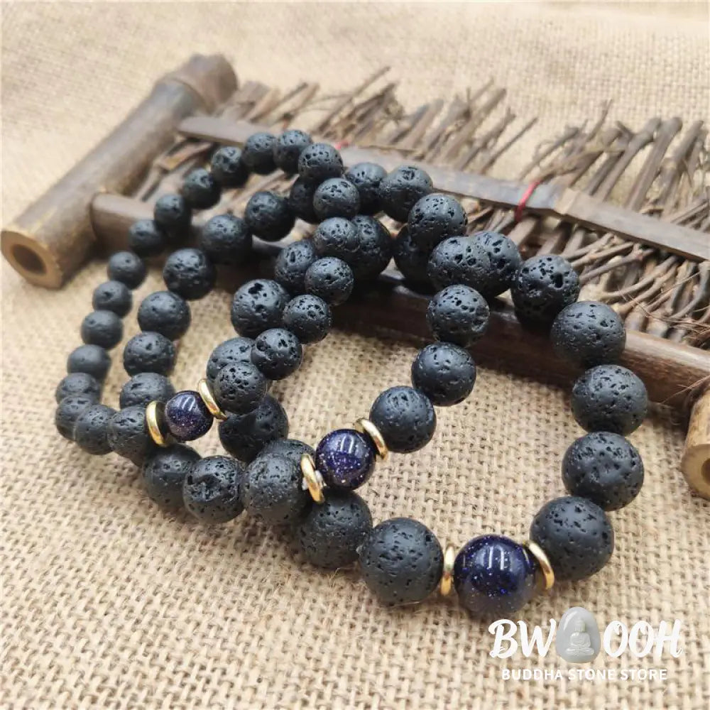 Buddha Stones Lava Rock Goldstone Blue Sandstone Healing Bracelet - BWOOOH - Bracelet