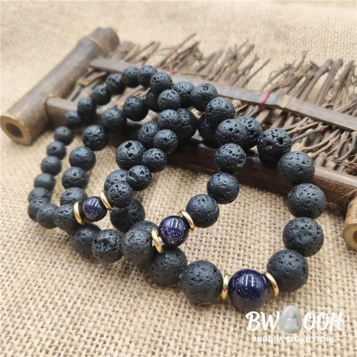 Buddha Stones Lava Rock Goldstone Blue Sandstone Healing Bracelet - BWOOOH - Bracelet