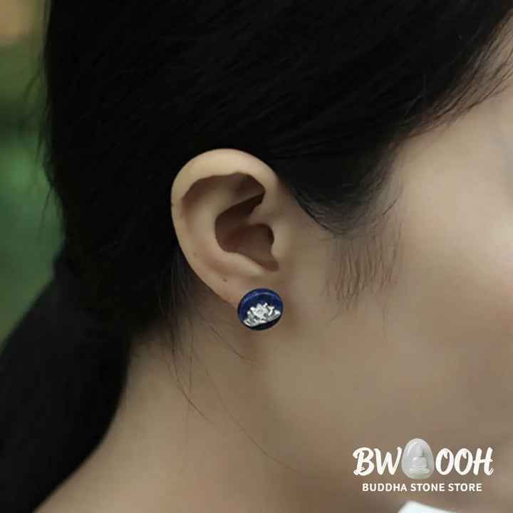 Buddha Stones Lazurite 925 Sterling Silver Lotus Pattern Enlightenment Earrings - Lazurite Lotus(925 Sterling Silver