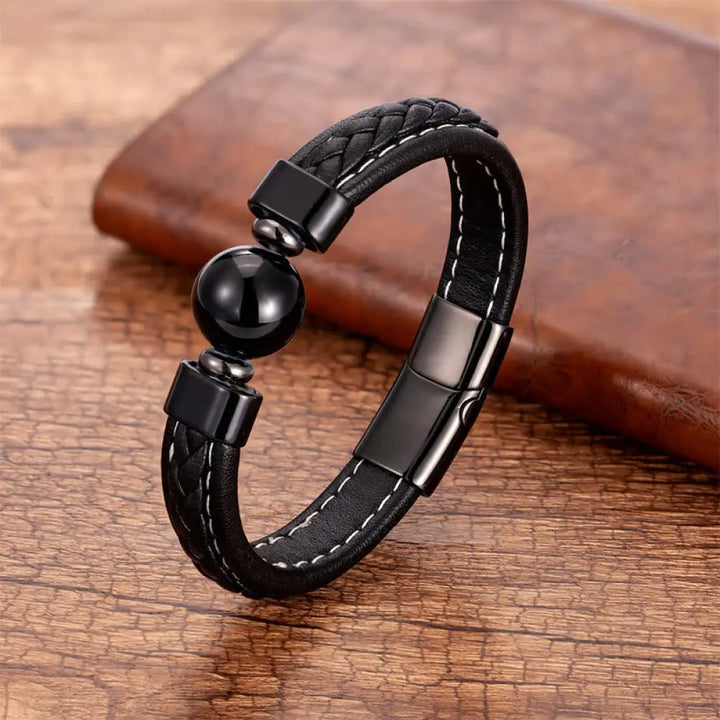 Buddha Stones Lazurite Black Onyx Tiger Eye Lava Rock Om Mani Padme Hum Serenity Leather Bracelet - Black Onyx
