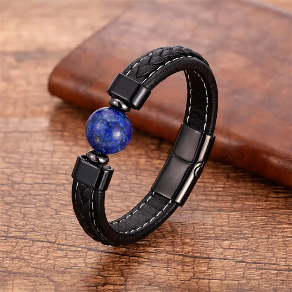 BWOOOH Lazurite Black Onyx Tiger Eye Lava Rock Om Mani Padme Hum Serenity Leather Bracelet - Lazurite / 16-18cm