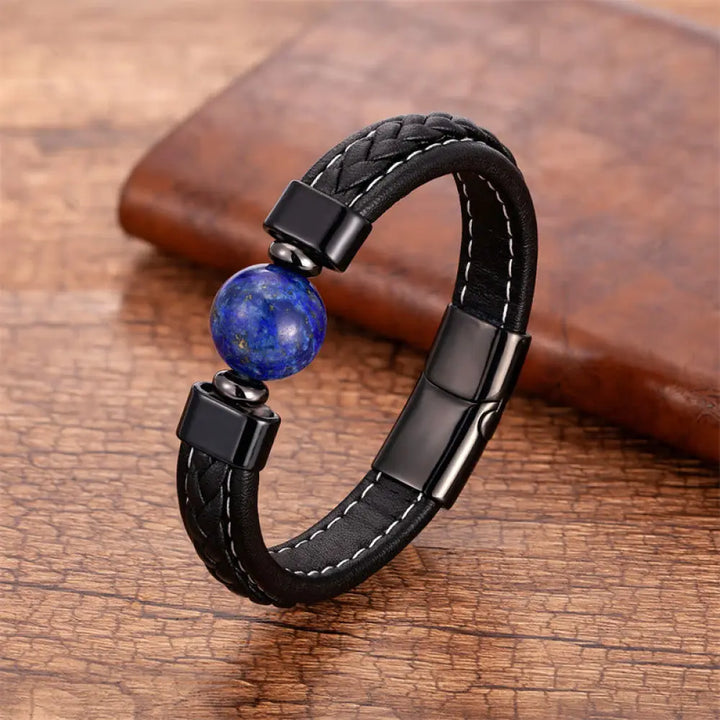 BWOOOH Lazurite Black Onyx Tiger Eye Lava Rock Om Mani Padme Hum Serenity Leather Bracelet - Lazurite / 16-18cm