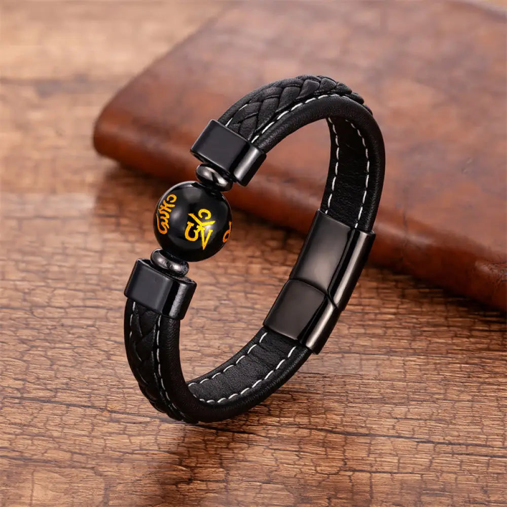 Buddha Stones Lazurite Black Onyx Tiger Eye Lava Rock Om Mani Padme Hum Serenity Leather Bracelet - Black Onyx Om Mani
