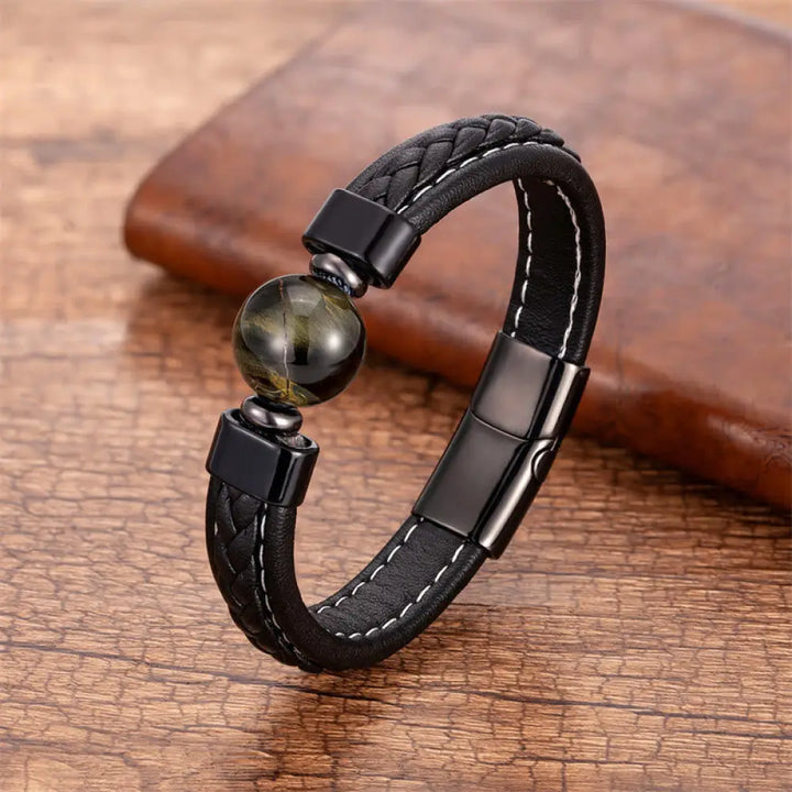 Buddha Stones Lazurite Black Onyx Tiger Eye Lava Rock Om Mani Padme Hum Serenity Leather Bracelet - Tiger Eye / 16-18cm