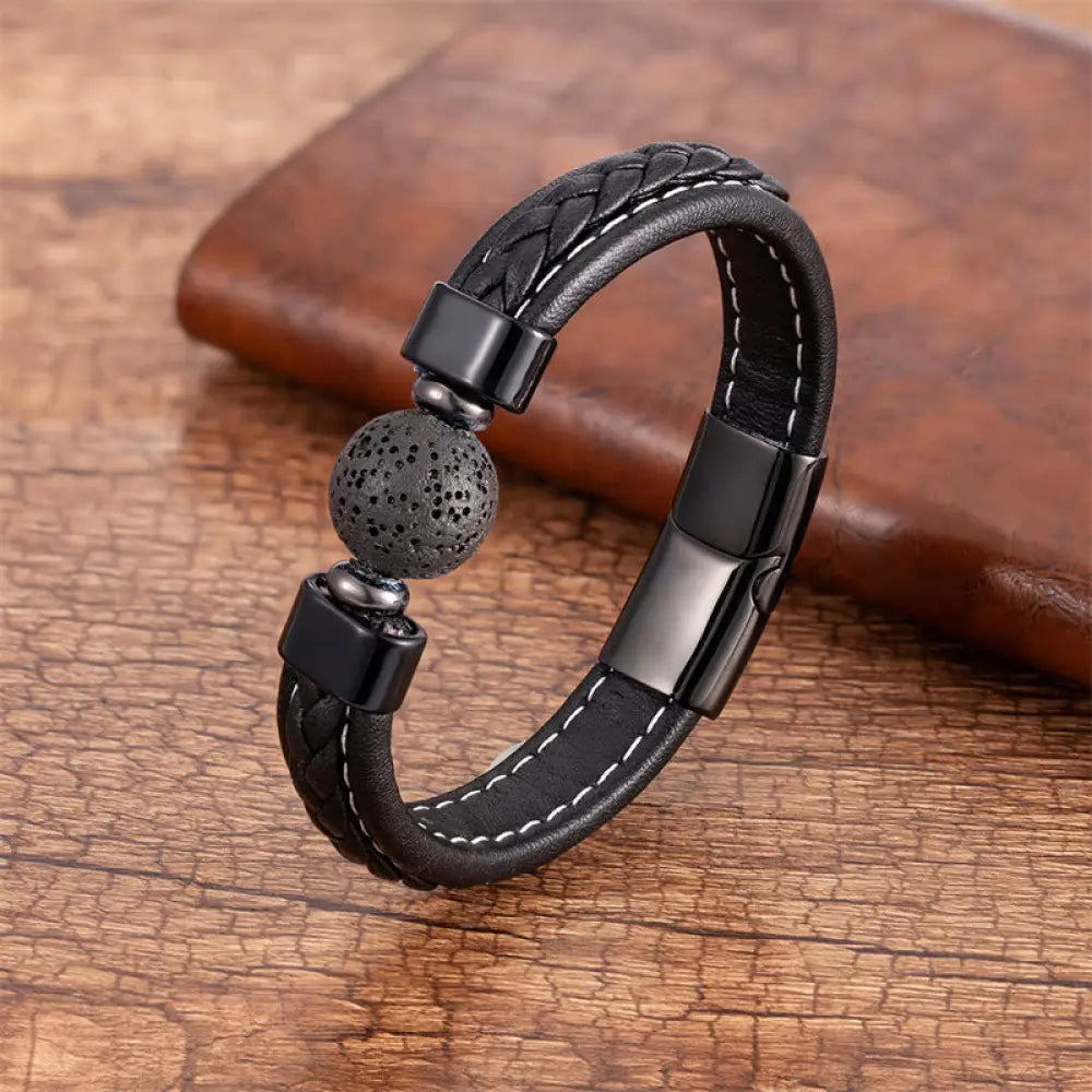 Buddha Stones Lazurite Black Onyx Tiger Eye Lava Rock Om Mani Padme Hum Serenity Leather Bracelet - Lava Rock / 16-18cm