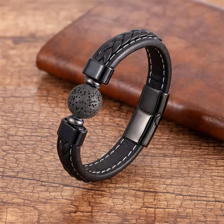 Buddha Stones Lazurite Black Onyx Tiger Eye Lava Rock Om Mani Padme Hum Serenity Leather Bracelet - Lava Rock / 16-18cm