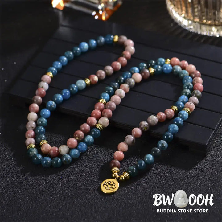 BWOOOH handcrafted 108-bead prayer bracelet featuring 8-8.5mm natural Lazurite, Picasso Jasper, Amazonite, Rhodonite, and Apatite stones on premium elastic string, adorned with a delicate Lotus symbol for spiritual balance and positive energy. - View 17