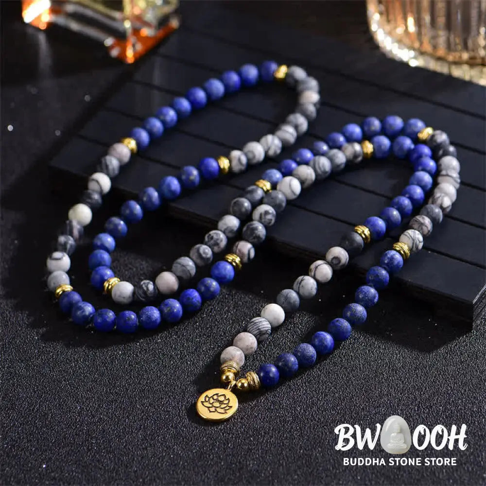 BWOOOH handcrafted 108-bead prayer bracelet featuring 8-8.5mm natural Lazurite, Picasso Jasper, Amazonite, Rhodonite, and Apatite stones on premium elastic string, adorned with a delicate Lotus symbol for spiritual balance and positive energy. - View 3
