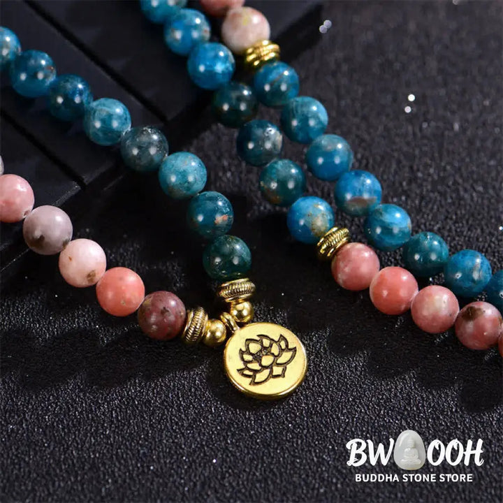 BWOOOH handcrafted 108-bead prayer bracelet featuring 8-8.5mm natural Lazurite, Picasso Jasper, Amazonite, Rhodonite, and Apatite stones on premium elastic string, adorned with a delicate Lotus symbol for spiritual balance and positive energy. - View 18