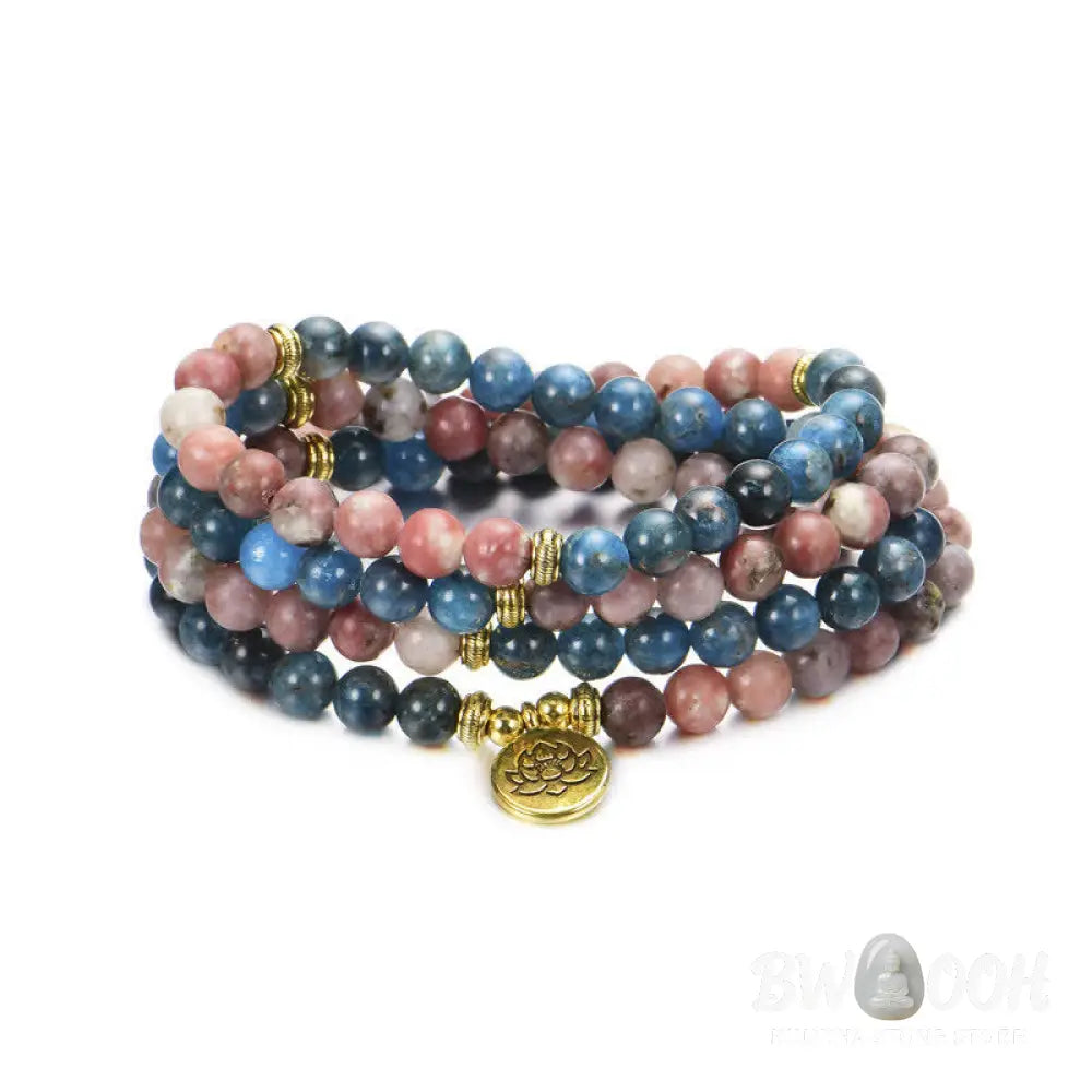 BWOOOH handcrafted 108-bead prayer bracelet featuring 8-8.5mm natural Lazurite, Picasso Jasper, Amazonite, Rhodonite, and Apatite stones on premium elastic string, adorned with a delicate Lotus symbol for spiritual balance and positive energy. - View 19
