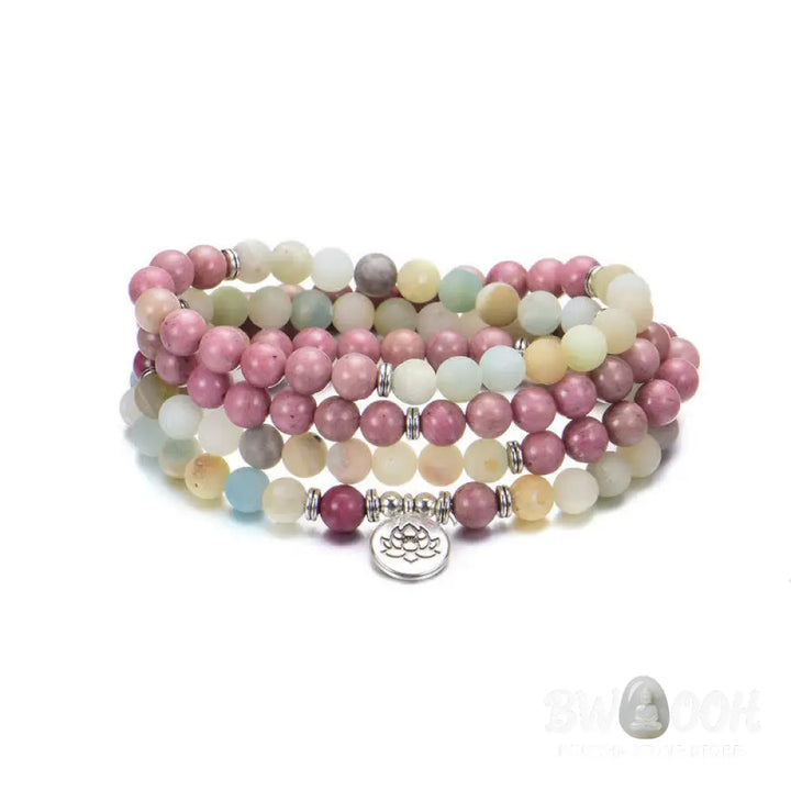 BWOOOH handcrafted 108-bead prayer bracelet featuring 8-8.5mm natural Lazurite, Picasso Jasper, Amazonite, Rhodonite, and Apatite stones on premium elastic string, adorned with a delicate Lotus symbol for spiritual balance and positive energy. - View 12