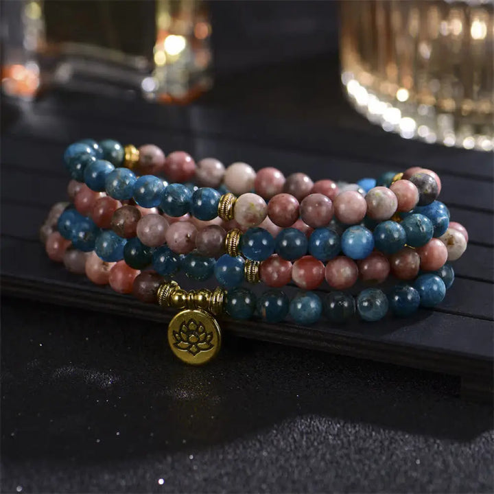 BWOOOH handcrafted 108-bead prayer bracelet featuring 8-8.5mm natural Lazurite, Picasso Jasper, Amazonite, Rhodonite, and Apatite stones on premium elastic string, adorned with a delicate Lotus symbol for spiritual balance and positive energy. - View 15
