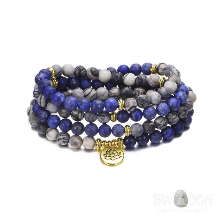 BWOOOH handcrafted 108-bead prayer bracelet featuring 8-8.5mm natural Lazurite, Picasso Jasper, Amazonite, Rhodonite, and Apatite stones on premium elastic string, adorned with a delicate Lotus symbol for spiritual balance and positive energy. - View 5