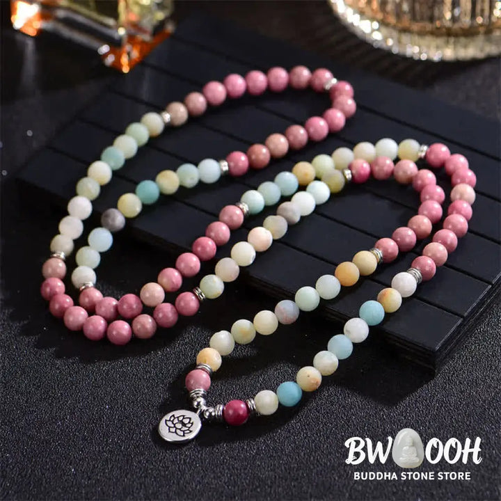 BWOOOH handcrafted 108-bead prayer bracelet featuring 8-8.5mm natural Lazurite, Picasso Jasper, Amazonite, Rhodonite, and Apatite stones on premium elastic string, adorned with a delicate Lotus symbol for spiritual balance and positive energy. - View 10