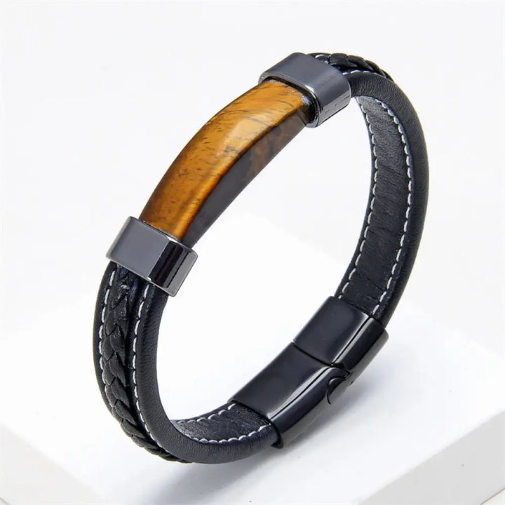 Buddha Stones Lazurite Tiger Eye Rhodonite Hematite Black Onyx Stone Balance Leather Bracelet - BWOOOH - Tiger Eye