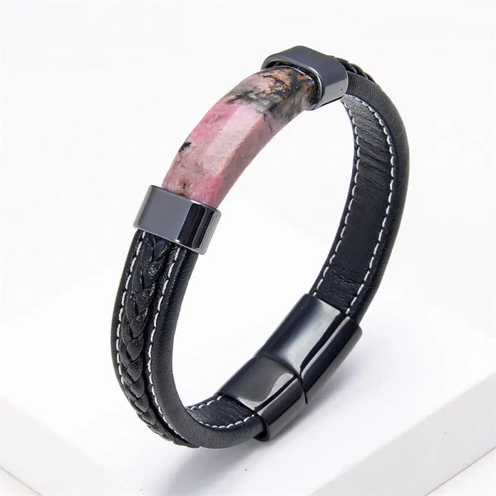 Buddha Stones Lazurite Tiger Eye Rhodonite Hematite Black Onyx Stone Balance Leather Bracelet - BWOOOH - Rhodonite