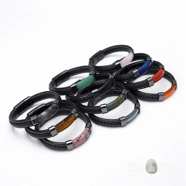 Buddha Stones Lazurite Tiger Eye Rhodonite Hematite Black Onyx Stone Balance Leather Bracelet - BWOOOH - Bracelet