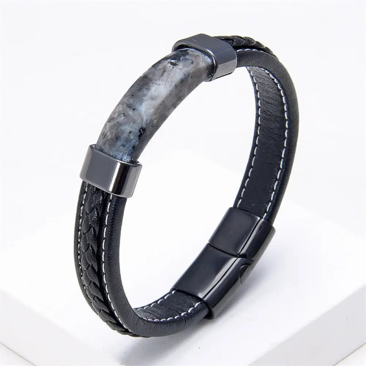 Buddha Stones Lazurite Tiger Eye Rhodonite Hematite Black Onyx Stone Balance Leather Bracelet - BWOOOH - Black Glitter