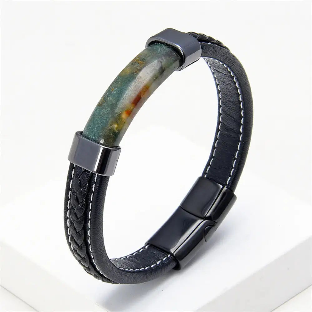 Buddha Stones Lazurite Tiger Eye Rhodonite Hematite Black Onyx Stone Balance Leather Bracelet - BWOOOH - Green Agate