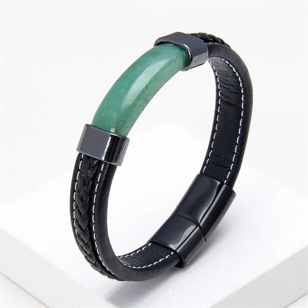 Buddha Stones Lazurite Tiger Eye Rhodonite Hematite Black Onyx Stone Balance Leather Bracelet - BWOOOH - Green