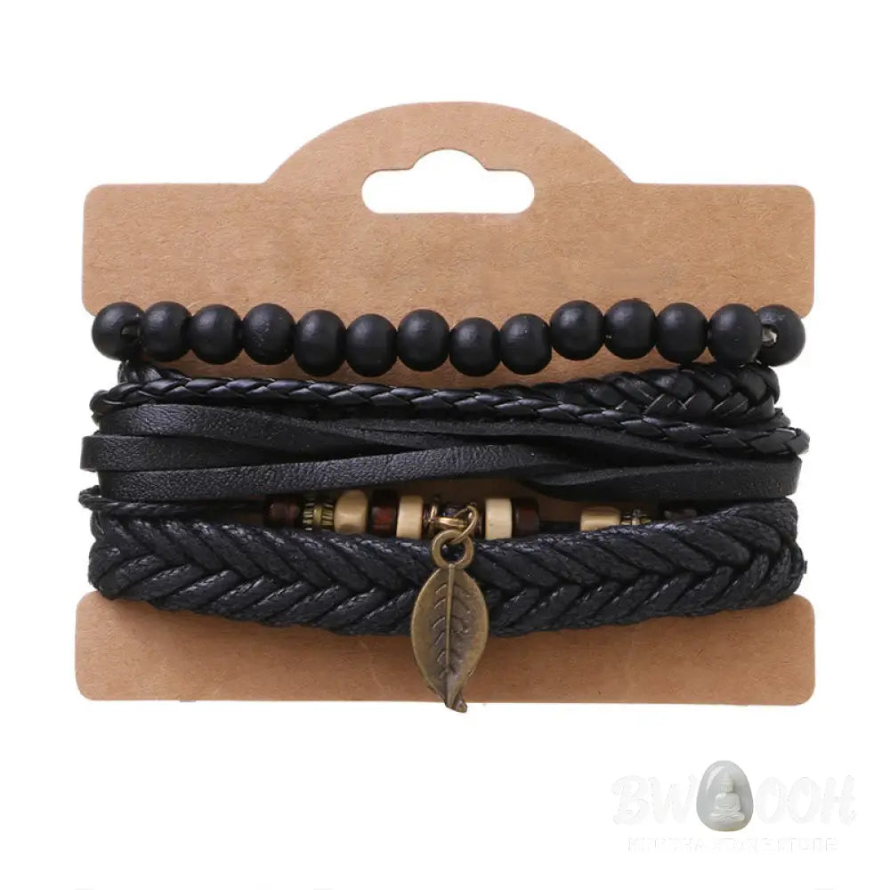 Buddha Stones Leaf Multi-layer Twisted Leather Resin Beads Courage Bracelet Set - BWOOOH - Leather Resin Beads Bracelet