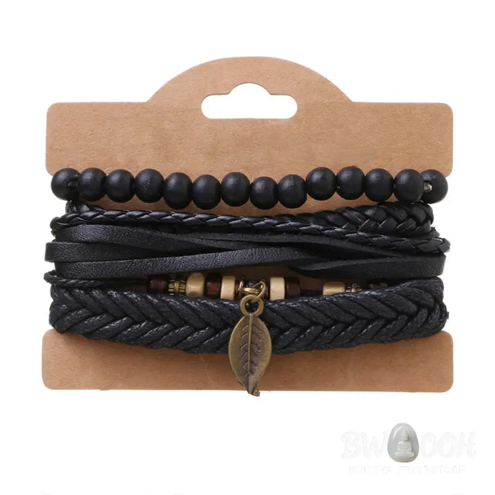 Buddha Stones Leaf Multi-layer Twisted Leather Resin Beads Courage Bracelet Set - BWOOOH - Leather Resin Beads Bracelet