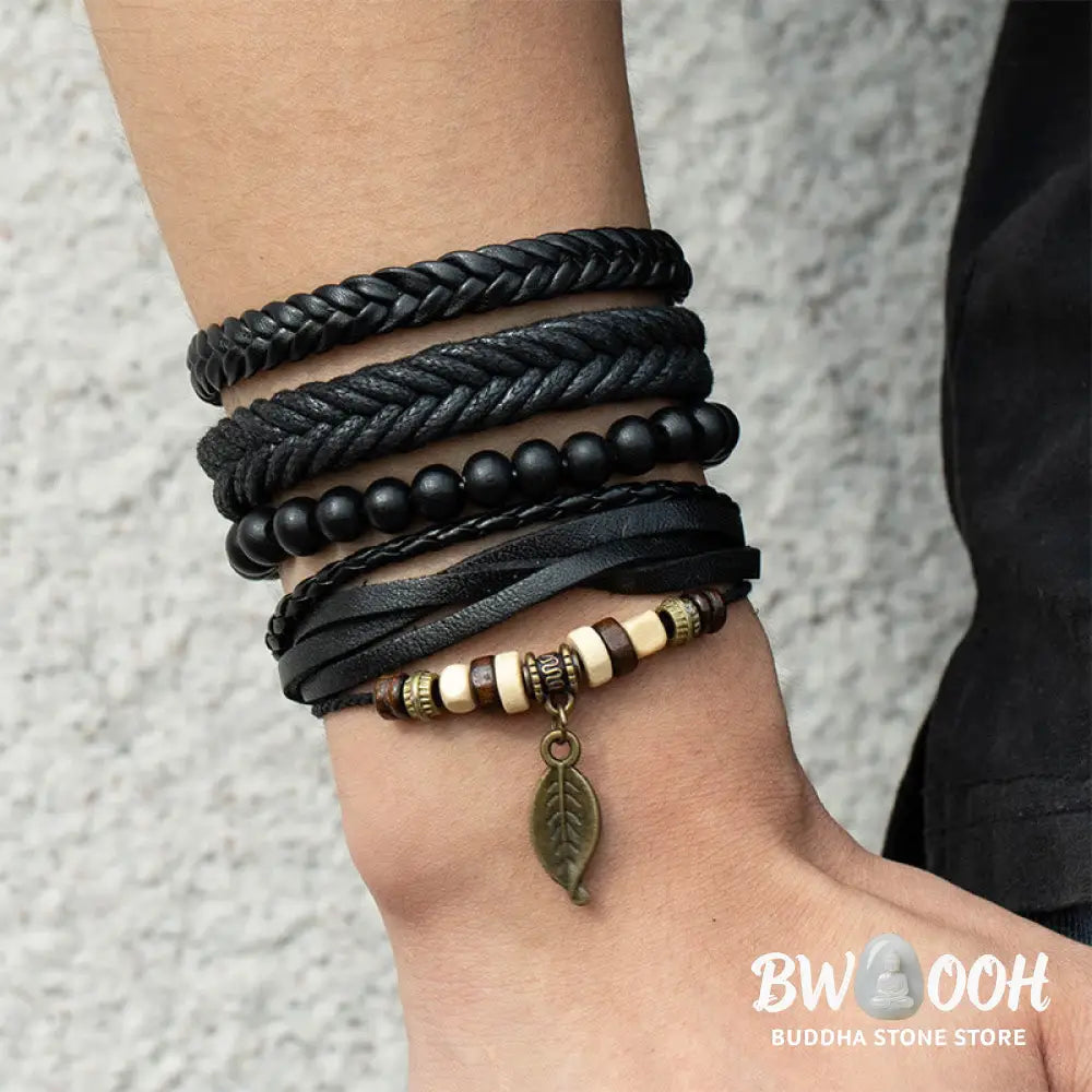 Buddha Stones Leaf Multi-layer Twisted Leather Resin Beads Courage Bracelet Set - BWOOOH - Leather Resin Beads Bracelet