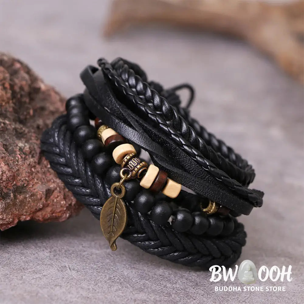 Buddha Stones Leaf Multi-layer Twisted Leather Resin Beads Courage Bracelet Set - BWOOOH - Leather Resin Beads Bracelet