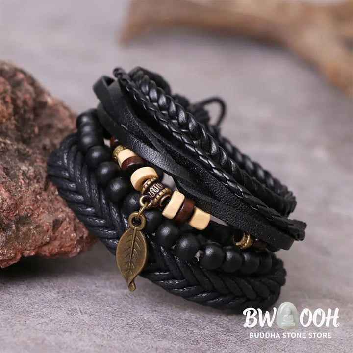 Buddha Stones Leaf Multi-layer Twisted Leather Resin Beads Courage Bracelet Set - BWOOOH - Leather Resin Beads Bracelet