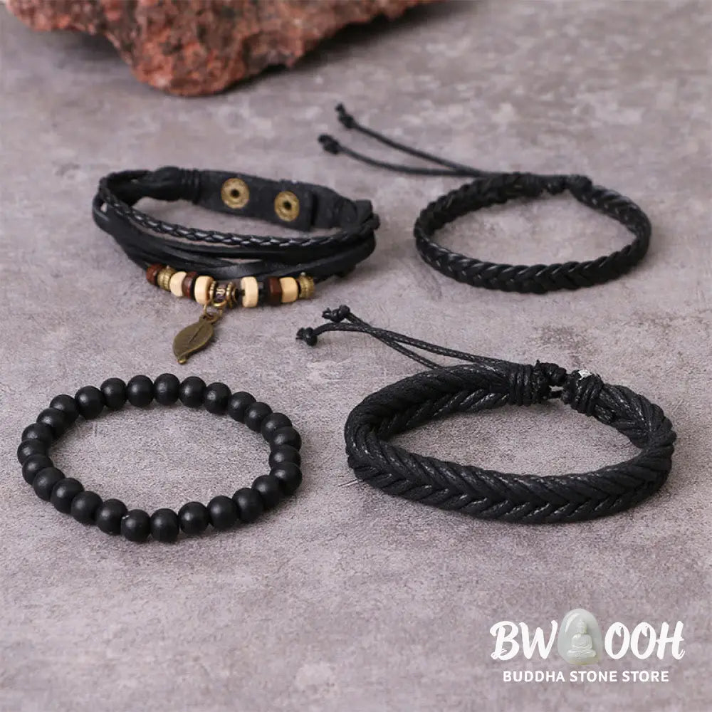 Buddha Stones Leaf Multi-layer Twisted Leather Resin Beads Courage Bracelet Set - BWOOOH - Leather Resin Beads Bracelet