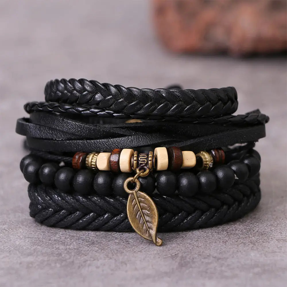 BWOOOH Leaf Multi-layer Twisted Leather Resin Beads Courage Bracelet Set - BWOOOH - Leather Resin Beads Bracelet