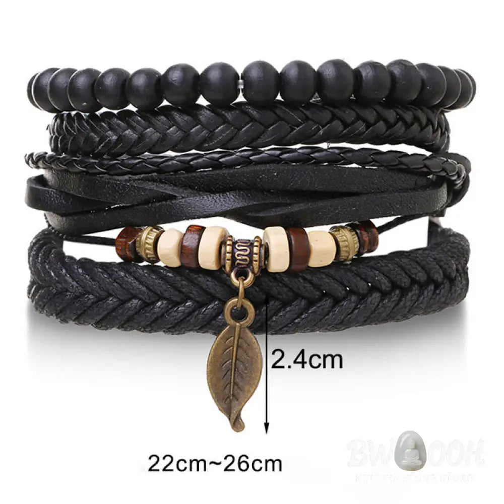 Buddha Stones Leaf Multi-layer Twisted Leather Resin Beads Courage Bracelet Set - BWOOOH - Leather Resin Beads Bracelet