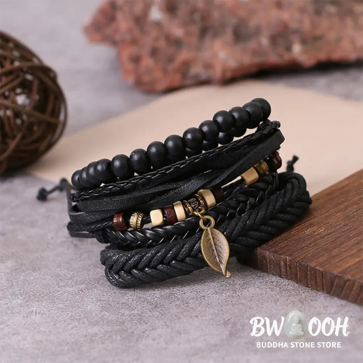 Buddha Stones Leaf Multi-layer Twisted Leather Resin Beads Courage Bracelet Set - BWOOOH - Leather Resin Beads Bracelet