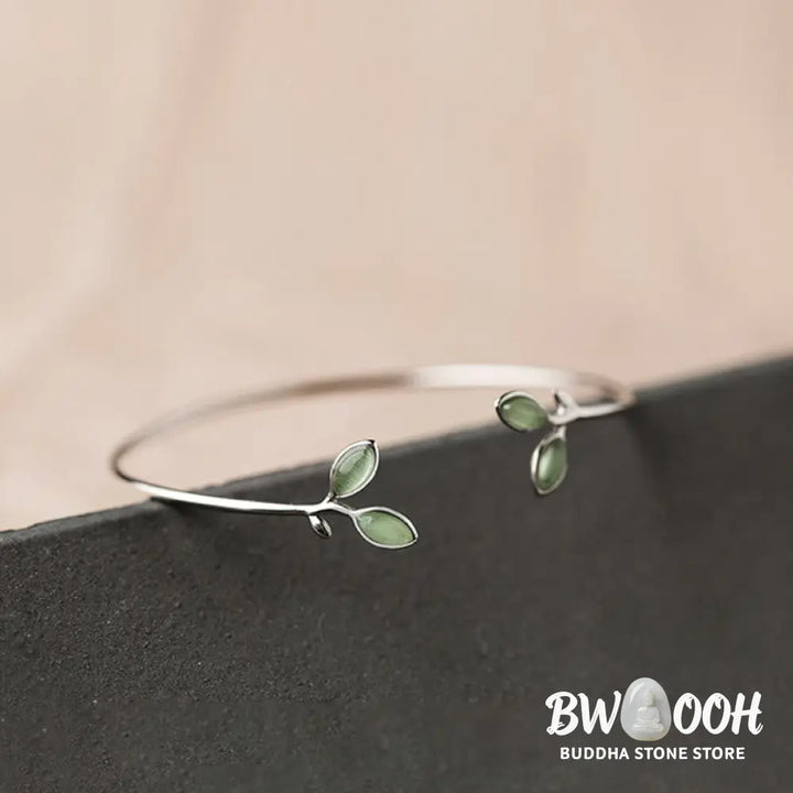 Buddha Stones Leaf Pattern Cat Eye Support Cuff Bracelet Bangle - BWOOOH - Leaf Bangle - Bracelet Bangle