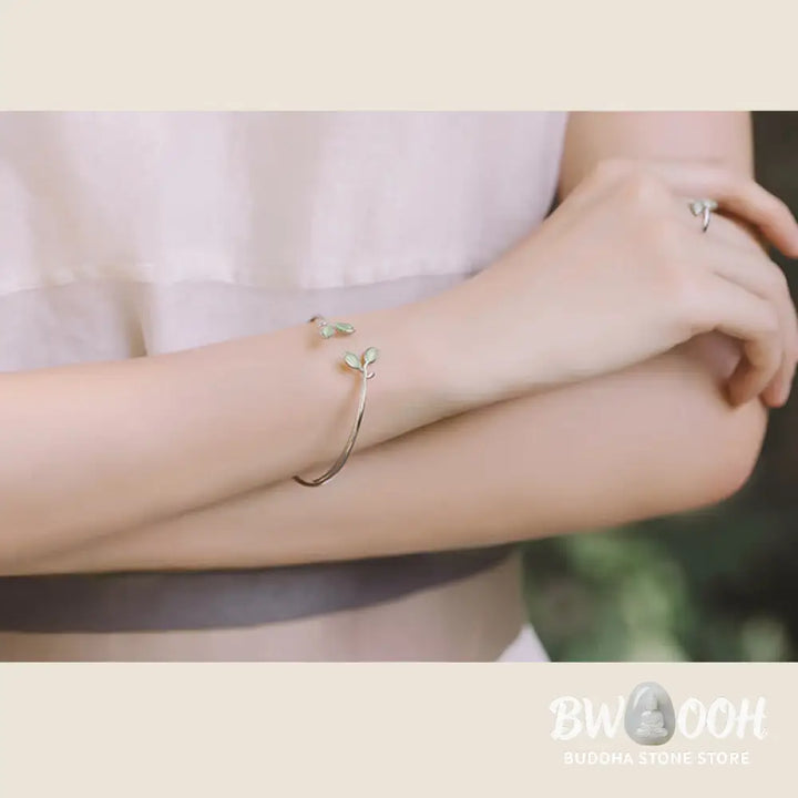 Buddha Stones Leaf Pattern Cat Eye Support Cuff Bracelet Bangle - BWOOOH - Leaf Bangle - Bracelet Bangle