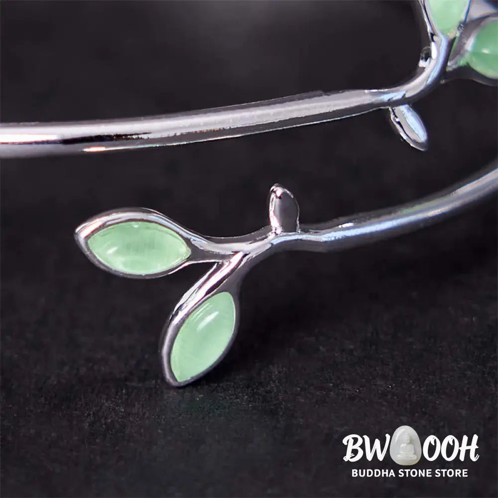 Buddha Stones Leaf Pattern Cat Eye Support Cuff Bracelet Bangle - BWOOOH - Leaf Bangle - Bracelet Bangle