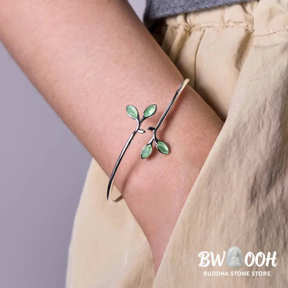 Buddha Stones Leaf Pattern Cat Eye Support Cuff Bracelet Bangle - BWOOOH - Leaf Bangle - Bracelet Bangle