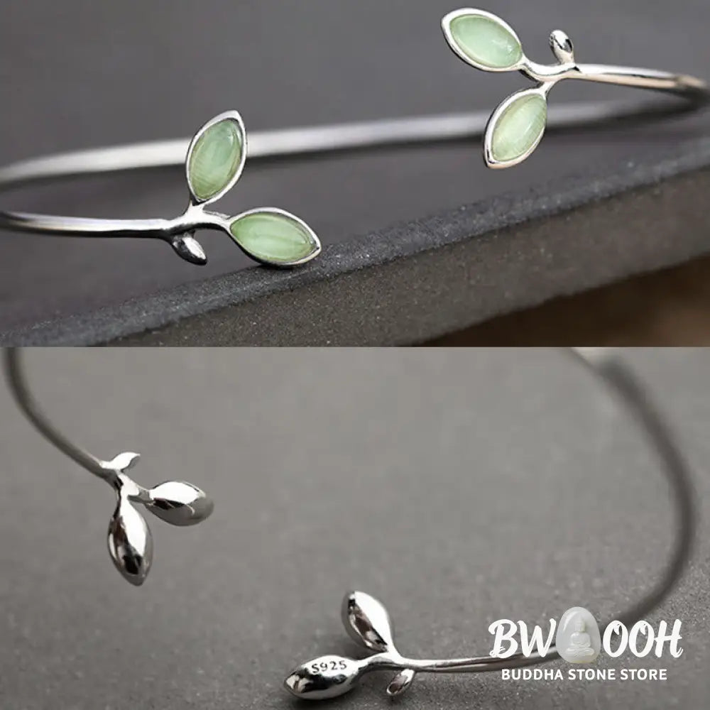 Buddha Stones Leaf Pattern Cat Eye Support Cuff Bracelet Bangle - BWOOOH - Leaf Bangle - Bracelet Bangle