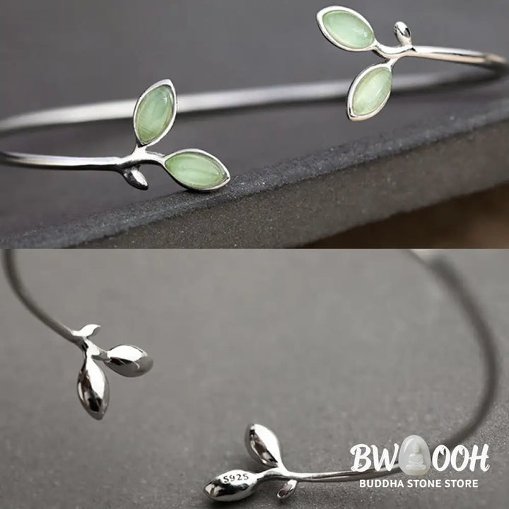 Buddha Stones Leaf Pattern Cat Eye Support Cuff Bracelet Bangle - BWOOOH - Leaf Bangle - Bracelet Bangle