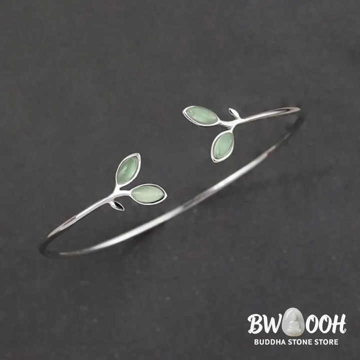 Buddha Stones Leaf Pattern Cat Eye Support Cuff Bracelet Bangle - BWOOOH - Leaf Bangle - Bracelet Bangle