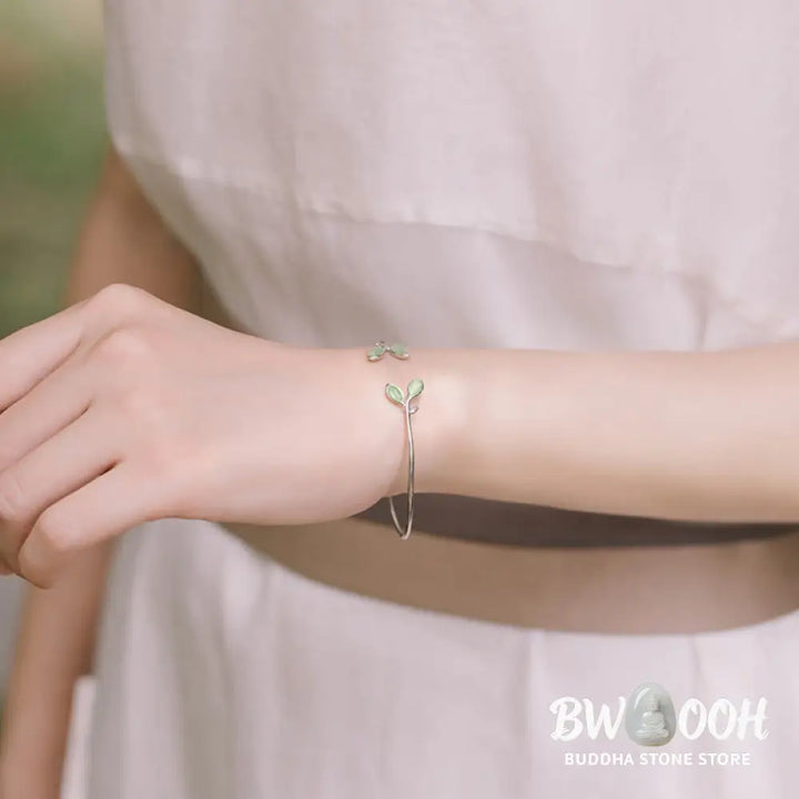 Buddha Stones Leaf Pattern Cat Eye Support Cuff Bracelet Bangle - BWOOOH - Leaf Bangle - Bracelet Bangle