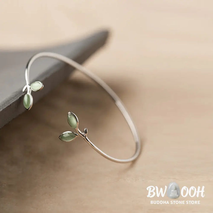 Buddha Stones Leaf Pattern Cat Eye Support Cuff Bracelet Bangle - BWOOOH - Leaf Bangle - Bracelet Bangle