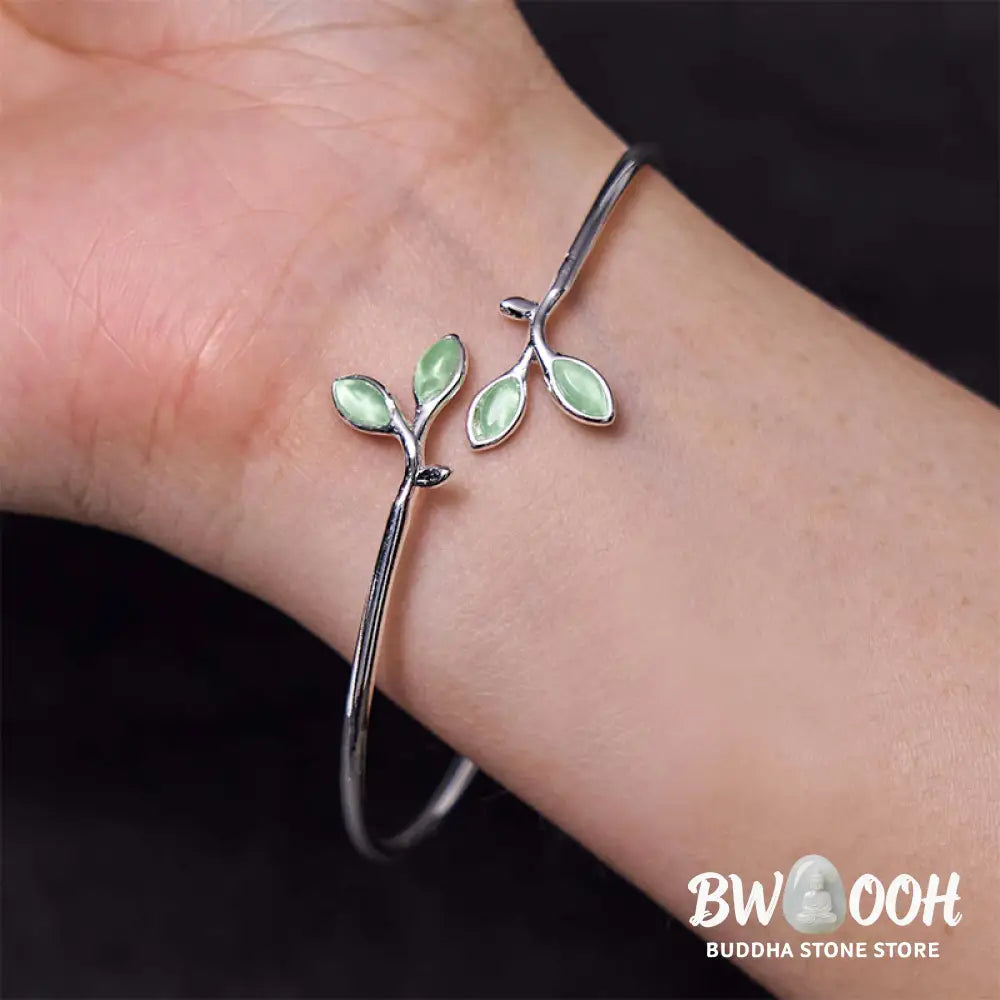 Buddha Stones Leaf Pattern Cat Eye Support Cuff Bracelet Bangle - BWOOOH - Leaf Bangle - Bracelet Bangle